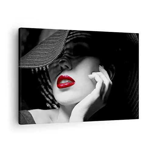 Bilder auf Leinwand Frau Gesicht Lippen Leinwandbild mit Rahmen 70x50cm Wandbilder Dekoration Wohnzimmer Schlafzimmer Küche Deko Klein Wanddeko Bild Wand Kunstdruck Art Wall Decor Canvas AA70x50-3618
