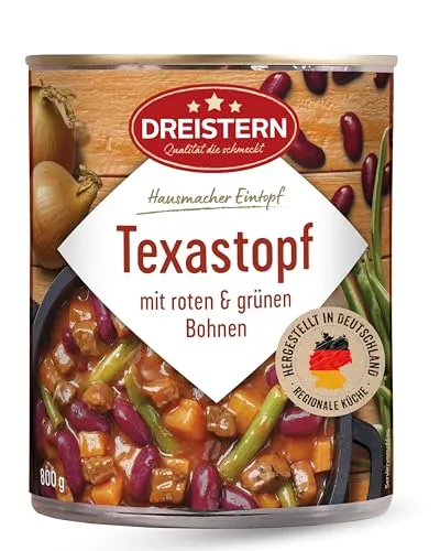 DREISTERN Texastopf 800g I Mit Bohnen & Fleischwurst I Herzhafter Eintopf in recyclebarer Konservendose I Lange Haltbarkeit dank natürlicher Konservierung I Hausmacher Qualität