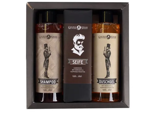 Herz & Heim Pflege-Geschenkset Gentleman Design - Geschenk für Männer mit Duschgel, Shampoo & Seife in Geschenkverpackung, 3-tlg., mit Bierhefe und Hopfenextrakten