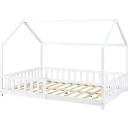 [en.casa] Kinderbett Hesel Hausbett Weiß 120 x 200 cm mit Rausfallschutz - Kleinkindbett aus Kiefernholz mit charmantem Hausdesign und effektiver Zaunumrandung für sicheren Schlaf. Einfacher Aufbau und robuste Bauweise machen es ideal für kleine Abenteurer.