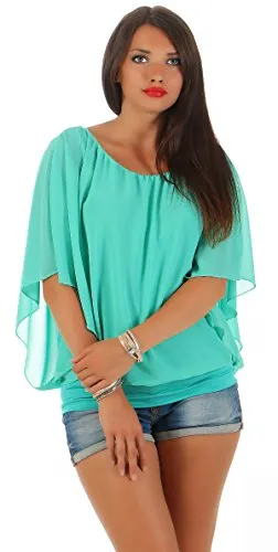 simaranda Damen Bluse Chiffon luftige Sommer Tunika mit Carmen Ausschnitt Blusenshirt Elegant 661 36-40 Mint