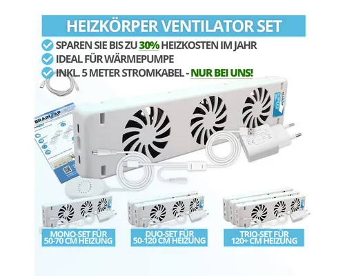 BRAINZAP Heizkörperventilator Heizkörper/Radiator Ventilator Booster, 8 cm Durchmesser, Für Alle Heizkörper, 50-120cm, 20 dbA, 1kWh/Jahr, 20-30% Kosten sparen