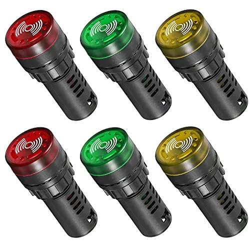 GUUZI 6pcs AC DC 220V 22mm LED-Blitzalarmsignal-Anzeigelampe mit Summer (Rot/Gelb/Grün, Jeweils für 2 Stück)
