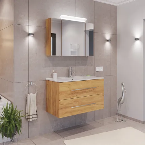 Lomadox Badezimmermöbel Set 2-teilig 90cm - Komplettprogramm für Badezimmer mit modernem Design in Eiche, inklusive LED-Spiegel und Softclose-Schubladen für optimalen Stauraum und eleganten Komfort.
