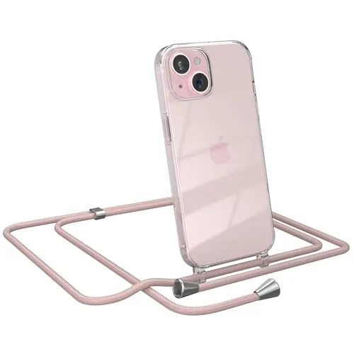 EAZY CASE Handykette kompatibel mit iPhone 15 Handyhülle mit Umhängeband, Handykordel mit Schutzhülle, Silikonhülle, Hülle mit Band, Stylische Kette für Smartphones, Rosé-Gold