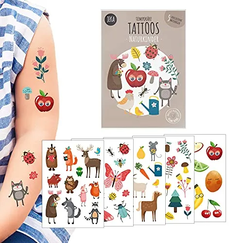 Hautfreundliche Kindertattoos zum Aufkleben - Motiv Naturkinder, Kinder-Tattoo Set mit 5 Bögen, Tattoos Kinder, 100% Vegan und Hergestellt in Österreich, JEKA