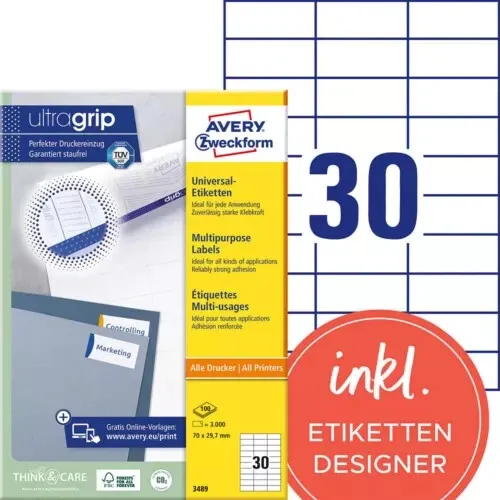 AVERY Zweckform Etiketten 70x29.7mm, 3.000 Stück - Vielzweck-Etiketten in Weiß, selbstklebend und im praktischen Blattformat. Ideal für den täglichen Einsatz im Büro oder Zuhause.