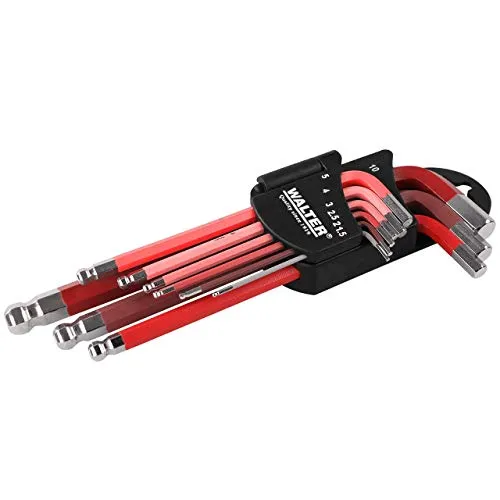 WALTER Innensechskant-Schlüssel-Set 9-tlg, Sechskantschlüssel, Kugelkopf bis 25°, rostfrei, gummierte Griffe, 1,5-10 mm