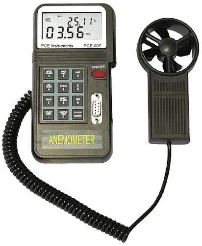 PCE Anemometer 007: Präzises Handmessgerät mit Flügelrad - Anemometer zur Messung von Luftströmung bis 45 m/s und Temperatur. Ideal für Outdoor-Aktivitäten, mit RS 232-Schnittstelle und internem Speicher für 2000 Messwerte.