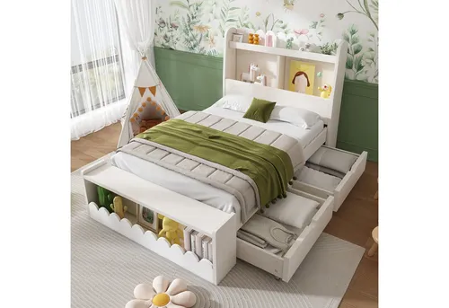 STILVORA Kinderbett 90×200 mit Ablage - Praktisches Kinderbett aus Massivholz mit einzigartigem Wellen-Dekor. Mit zwei flexiblen Schubladen und Regalen für Spielzeug und Bücher – ideal für Ordnung im Kinderzimmer. Empfohlene Matratze: 15 cm.