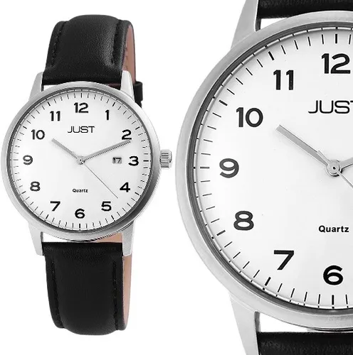 Herrenuhr Armbanduhr Schwarz Weiss Silber Edelstahl Leder Datum JUST JU20135