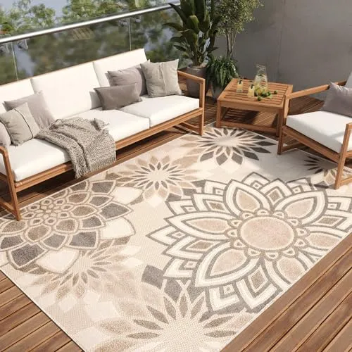 TAPISO Patio Teppich Outdoor Indoor Creme Beige Braun Grau Modern Blumen Strapazierfähig Wetterfest Sisaloptik Wohnzimmer TerrasseÖKO-TEX 120 x 170 cm