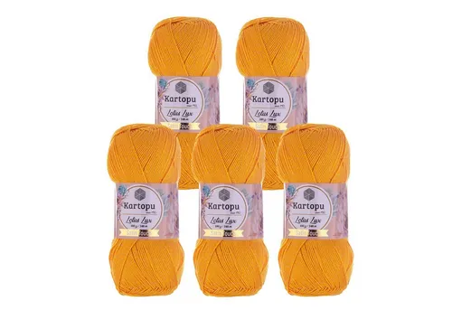 Kartopu Glitzerwolle Lotus Lux K318 sonnengelb, 5 x 100g - Edles 4-fädiges Sommergarn mit metallischem Schimmer und seidigem Glanz. Ideal für leichte Modeprojekte wie Blusen, Schals und Accessoires. Lauflänge ca. 340 m pro Knäuel, perfekt zum Häkeln und Stricken.