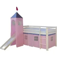 Homestyle4u Hochbett 90x200 Weiß mit Rosa Vorhang - Kindgerechtes Hochbett mit Rutsche, Turm und stabiler Absturzsicherung. Ideal zum Spielen und Schlafen, aus massivem Kiefernholz in Weiß, sorgt für fantasievolle Abenteuer im Kinderzimmer.