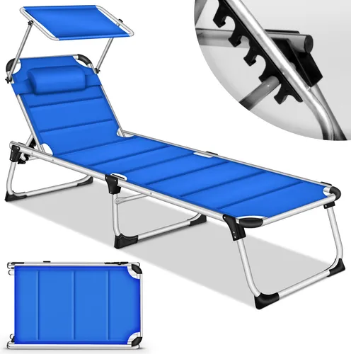 tillvex® Sonnenliege mit Dach und Kopfkissen Blau - Klappbar und verstellbar - Gartenliege mit 5-fach verstellbarer Rückenlehne und stufenlos einstellbarem Sonnendach für maximalen Komfort und Schutz vor Sonnenbrand.