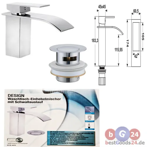 Armatur Design Waschtisch Einhebelmischer mit Schwall Auslauf - Waschbecken-Armatur in Chrom, verchromt für langlebige Eleganz und mit praktischem Schwallauslauf für komfortable Nutzung.