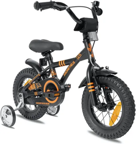 PROMETHEUS Kinder Fahrrad 12 Zoll | Schwarz Matt & Orange mit Stützrädern - Kinderrad für 3 Jahre und aufwärts, leicht und sicher mit stabilem Y-Stahlrohrrahmen und schlagfester Lackierung. Ideal für den ersten Schritt in Freiheit und Unabhängigkeit.