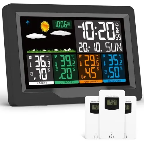 jely Wetterstation Funk mit 3 Außensensor Farbdisplay Funkwetterstationen Innen Thermometer Hygrometer Außen Termometerstation Funk Wetterstation mit Wettervorhersage, Temperatur, Luftfeuchtigkeit