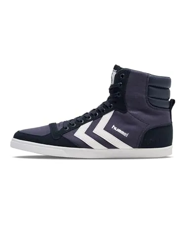 Hummel SLIMMER STADIL HIGH 063511 7647 DRESS BLUE/WHITE EU 38 - Trendiger Sneaker aus Leinen und Wildleder, hoch geschnitten mit charakteristischen Winkeln. Bietet optimalen Halt und ist ideal für sportliche Looks.