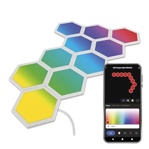 EMOS Smart Hexagon Wandleuchte, Startset 10 Stk Sechseck-Elemente, WiFi+App, RGBIC, dimmbar, Sprachassistenten, 1,5m Kabel+Netzteil, weiß, ZIW22AR