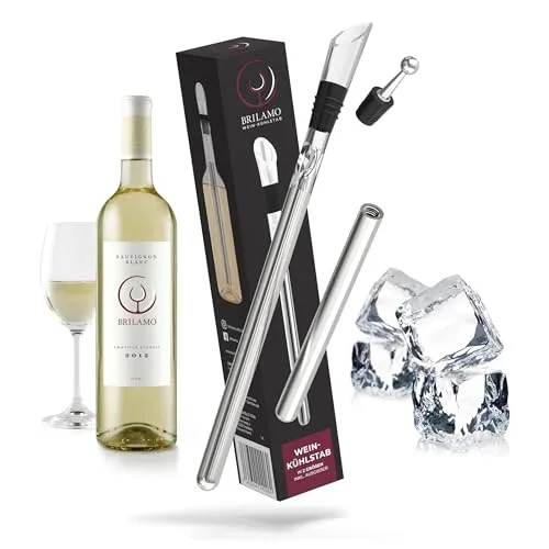 Brilamo Weinkühlstab I Weinkühler aus Edelstahl I 5-teiliges Set inkl. 2 Stäben mit Samtbeutel, Dekantierausgießer- und verschluss I Wein einfach kühlen
