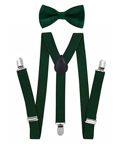 axy Kinder Jungen Hosenträger-Y Form 2,5cm breit mit Fliege - 3 Stabile Clips für Kinder 7-12 Jahre alt (Grün)