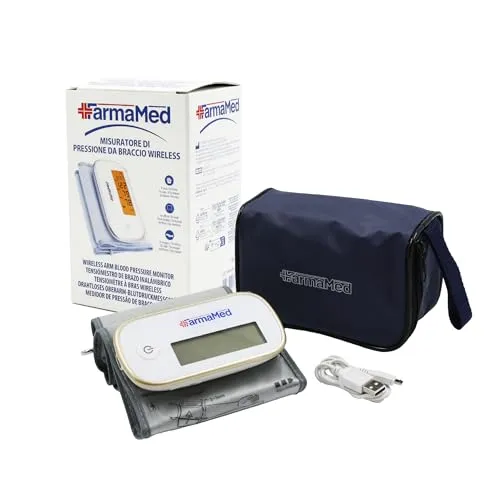 FarmaMed Wireless Digital Arm Blutdruckmessgerät, Digital Arm Sphygmomanometer, Diastolisch und Systolisch, Herzfrequenz, 90 Speicher, LCD-Bildschirm, USB-Ladung, mit Koffer