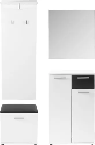 byLIVING 4-teiliges Garderobenset Jakob, in weiß/schwarz, mit Spiegel, Schuhkommode, Wandpaneel und Sitzbank