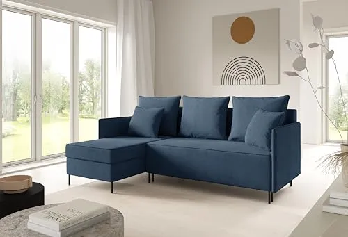 LIKMA Dunkelblau Ecksofa ZAVO L-Form 214x142 cm mit Schlaffunktion (202x140 cm) Eckcouch mit 2 Bettkasten und Füßen Wohnlandschaft Bettsofa mit Stauraum Polstermöbel Sofa