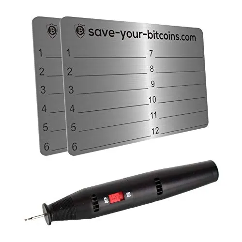 Save-Your-Bitcoins Hardware Wallet Seed Phrase - Edelstahl Recovery Metallplatte Set - SICHERHEIT IM FOKUS: Gravieren Sie Ihre Seed Phrase schnell und einfach auf der robusten Edelstahlplatte. Hohe Temperaturbeständigkeit und exzellente Korrosionsschutz garantieren dauerhafte Lesbarkeit und Schutz. Set mit 2 Platten und Gravierstift.
