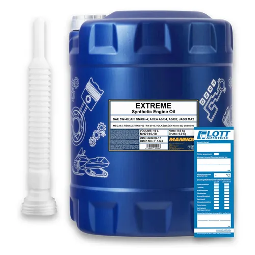 10L Mannol Motoröl Extreme 5W-40 Motorenöl VW 502.00 505.00 MB 229.5 + Schlauch