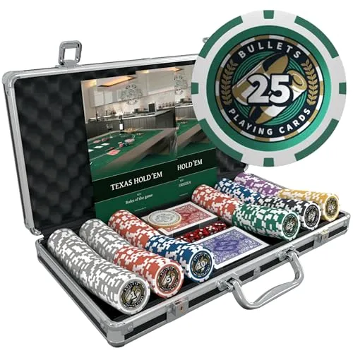 Bullets Playing Cards | Pokerkoffer Deluxe „Christopher“ mit 300 Plastik Pokerchips 12g | Pokerset mit Karten, Würfeln, Dealer Button & Regeln für Texas Holdem