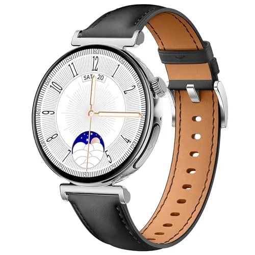 Knauermann PRO 3 Mini (2024) Silber - Gesundheitsuhr Smartwatch mit Telefoniefunktion - EKG + HRV und SOS Funktion - AMOLED Display - BT Bluetooth - Schlafapnoe - Rindslederband Schwarz, 14-24,rund