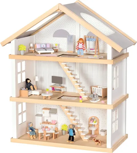 goki Puppenhaus 3 Etagen, komplett möbliert inkl. Puppenfamilie