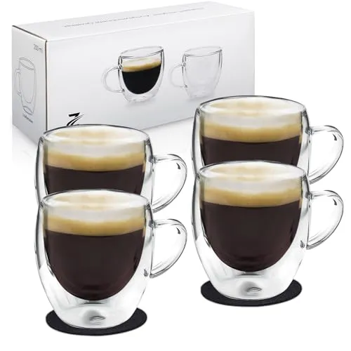 Zobel Espressotassen 80ml | 4er Set doppelwandige Espressogläser mit Henkel aus Borosilikatglas inkl. Filzuntersetzer | Spülmaschinenfest & hitzebeständig | Schwebeeffekt