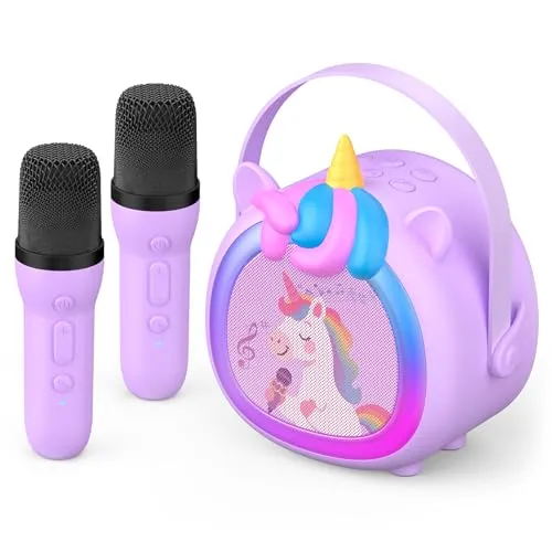 Fippesax Kinder Karaoke Maschine mit 2 kabellosen Bluetooth Mikrofonen, Kompaktes Einhorn Musikspielzeug mit Stimmeffekten & LED Lichtern, Geschenk für Mädchen ab 6 Jahren (Lila)