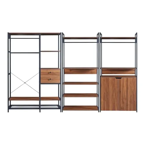 [en.casa] Garderobenständer 3er Set Larem - Kleiderständer-Set mit vielseitigen Aufbewahrungsmöglichkeiten: 2 Schubladen, 7 Ablagen und 3 Kleiderstangen aus robustem Metall und MDF in stilvoller Walnussoptik - ideal für Flur und Ankleidezimmer.