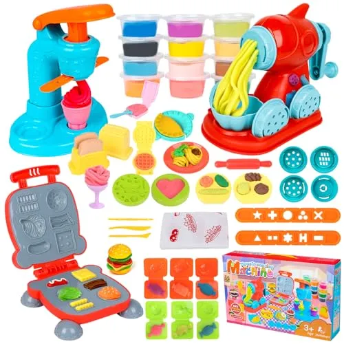 Jovicos Knetwerkzeug, Knete Zubehör Kitchen Creations Spielset mit 12 Dosen, Knete Eismaschine Nudelmaschine Burger Party, Kinder Plastilin Werkzeuge Knete Ausstechformen, Geschenk für Kinder ab 3