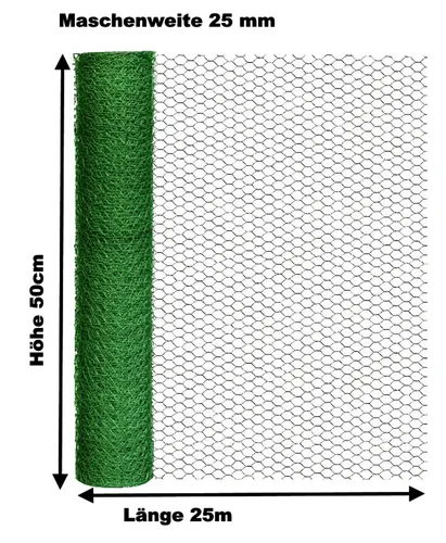 Sechseckdraht grün für Volieren & Kaninchendraht - Hochwertiger verzinkter Maschendraht (50cm x 25m) mit 25mm Maschenweite, ideal für Kleintiergehege, Wildzäune und Beete. Robuste 0,8 mm Drahtstärke für langlebigen Einsatz im Außenbereich.