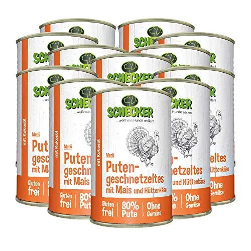 Schecker Nassfutter für Hunde - Putengeschnetzeltes mit Mais und Hüttenkäse - Dosenfutter für Hunde, glutenfrei mit 80% Pute, artgerecht und natürlich ohne Zusatzstoffe, ideal für empfindliche Hunde.