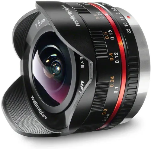 Walimex PRO 3,5 / 7,5 mm Fisheye Objektiv für Olympus/Panasonic MFT - Fischaugenobjektiv mit einer Brennweite von 7,5 mm und manueller Fokussierung, ideal für kreative Weitwinkelaufnahmen.
