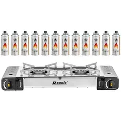 Mianova Gaskocher Doppel Gaskocher 2 flammiger Campingkocher BBQ Grillplatte Gasflaschen, (Leistungsstarker 2 Flammen Campingkocher mit Piezozündung wahlweise mit Gaskartuschen und Grillplatte) Gaskocher + 12 Gasflaschen