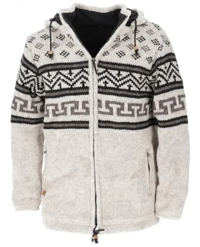 GURU SHOP Unisex Wolljacke mit Nordischem Muster - Modell 5, Hellgrau/Schwarz, Größe XL - Hochwertige Strickjacke aus reiner Schafwolle, fleecegefüttert für zusätzlichen Komfort. Mit Kapuze, hochschließendem Kragen und praktischen Reißverschlusstaschen ideal für kalte Tage. Fair in Nepal gefertigt.