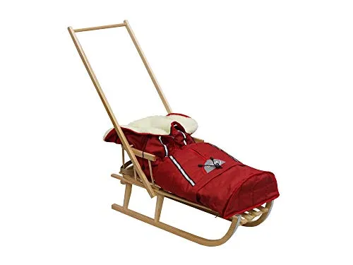 Holzschlitten für Kinder mit Rückenlehne Rodelschlitten Davoser Schlitten aus Holz mit einem Sicherheitsgurt Rückenlehne Pusher Winterfußsack