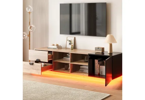 Okwish TV-Schrank in Schwarz aus Holzwerkstoff, 180x47x38,5 cm - Moderner TV-Schrank mit minimalistischer Holzoptik und LED-Bodenbeleuchtung für stilvolle Akzente. Praktischer Stauraum mit Schublade und offenen Fächern. Ideal für jeden Wohnraum.