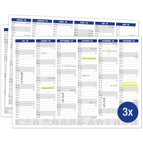TOBJA Tafelkalender 2026 A4 Blau - 3er Pack Kalender 2026 mit Ferien & Feiertagen | Jahresplaner Wandkalender 2026 DIN A4 | 12-Monats Blattkalender im Set (3 Stück Papier)
