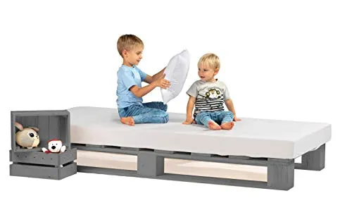 sunnypillow Palettenbett 90x200 cm aus Fichte - Massivholzbett in Grau, robust und stabil mit über 450kg Belastbarkeit, ideal für einen gesunden Schlaf und modernes Design.