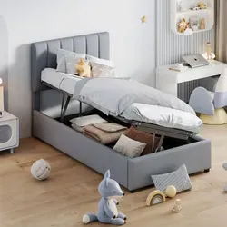 Stauraumbett mit Bettkasten und Lattenrost (90x200 cm) – Höhenverstellbares Polsterbett in Grau - Praktisches Stauraumbett mit höhenverstellbarem Kopfteil und Bettkasten. Ideal für zusätzlichen Stauraum, robustes Design aus Massivholz und MDF. Einfache Montage für Ihr Schlafzimmer.