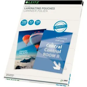 Leitz Laminierfolien 16919 iLAM, DIN A3, 100 mic, glänzend - Laminierfolien für DIN A3, 100 Stück, ideal zum Schutz von Dokumenten vor Schmutz und Feuchtigkeit mit hochglänzender Oberfläche für brillante Farben.