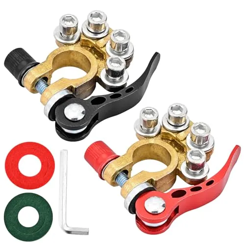 Wantli 2 Stück Batterieklemmen, 4Wege Messing Polklemmen Positiver Negativer Batterieanschluss mit Korrosionsschutzpad, Schnellverschluss Sicher Geklemmt, für PKW, Transporter, Schiffe, Wohnmobile